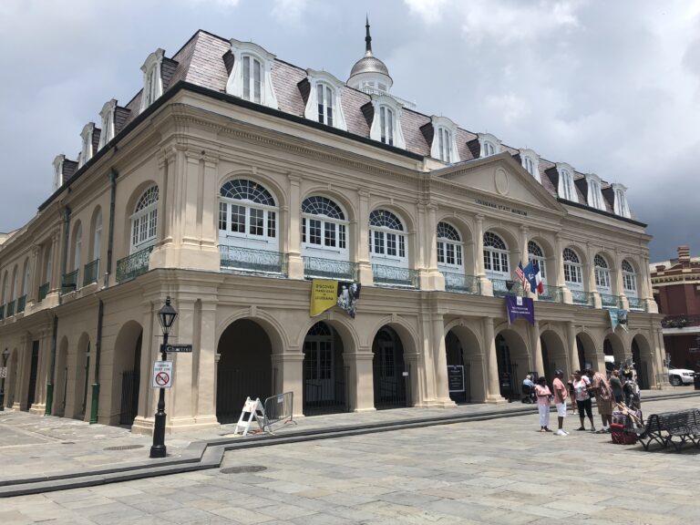The Presbytère, a gorgeous Spanish-style historical building in New Orleans, known now as a museum that hosts artifacts from past Mardi Gras celebrations as well as the history of New Orlean's resilience in the face of Hurricane Katrina.