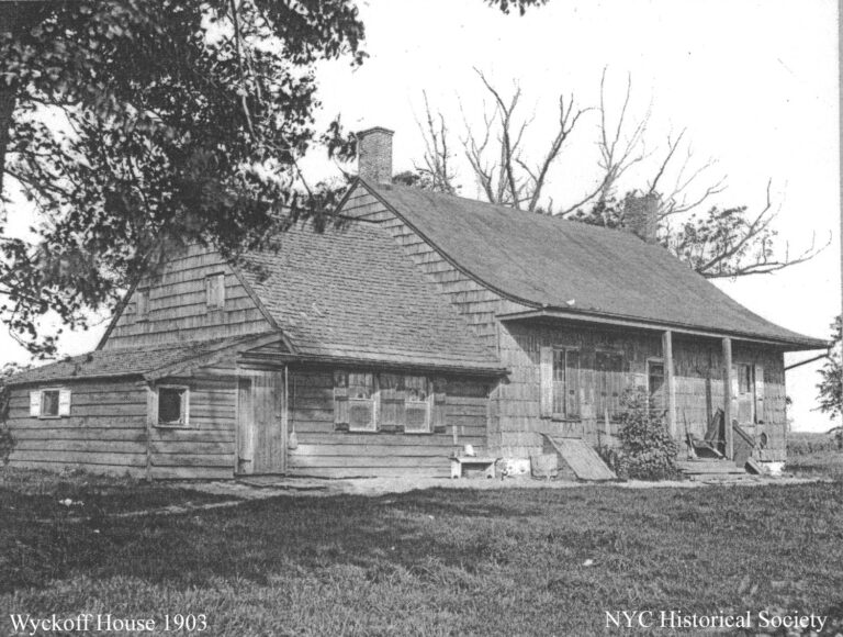 An old black and white historic image of the historic Wyckoff House in New York City.